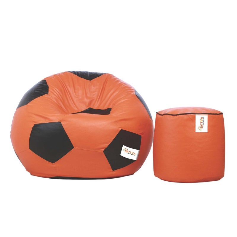 SATTVA Classy.Elegant.Stylish SATTVA ClassyElegantStylish Football Bean Bag Cover and Round Footstool Cover Without Beans Combo Orange with Black Piping  - Image 1