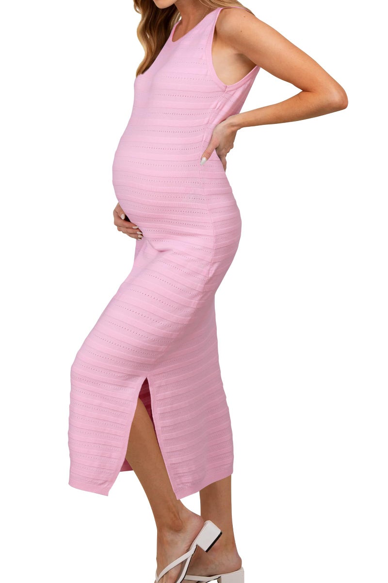 OUGES Women's 2026 Summer Maternity Dress for Photoshoot Baby Shower Midi Dress Sleeveless Crewneck Side Slit Bodycon Knit Sweater Dress(Light Pink,M) - Image 1