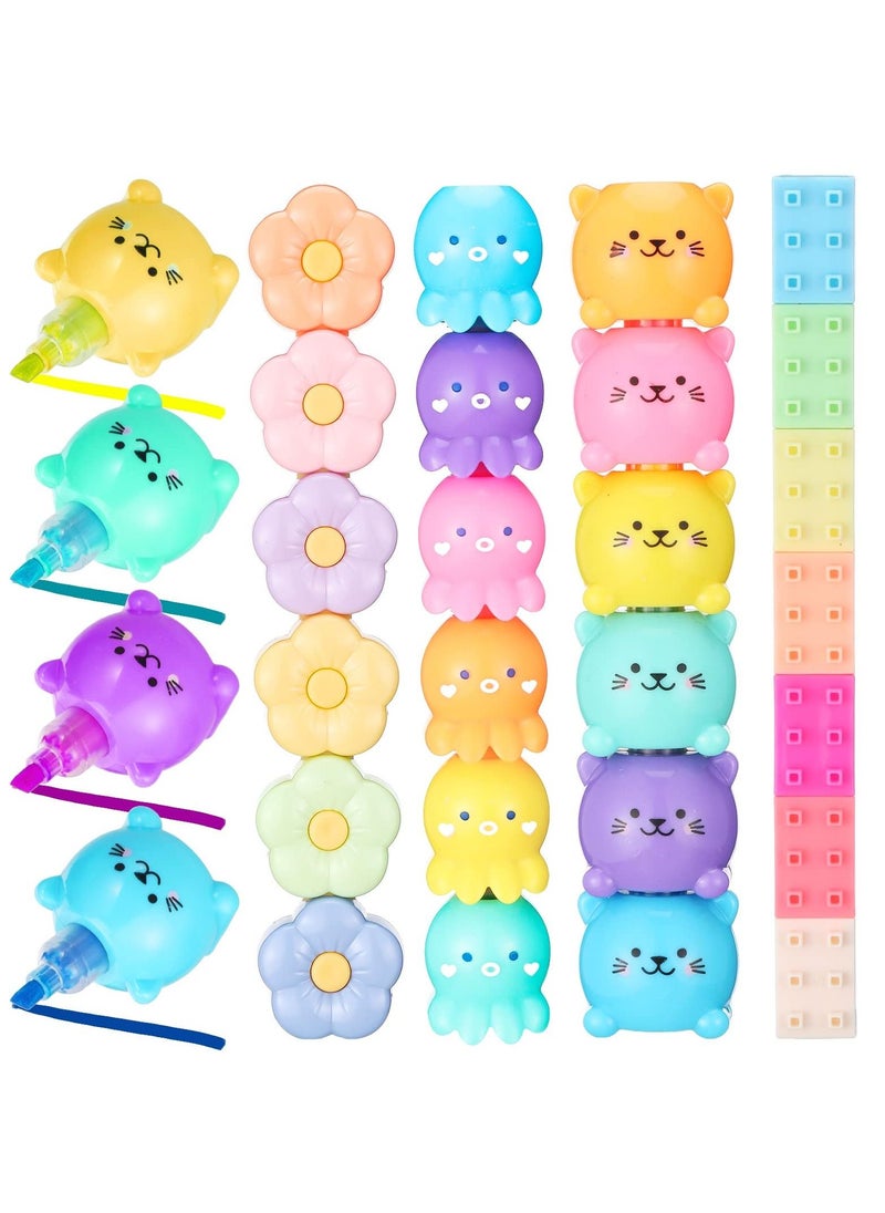 Generic 4 /24PCS Colorful Shaped Highlighters Pastel Mini Highlighter Set Highlighters Stackable Markers for Kids Students Writing Graffiti School Office Supplies(Octopus, Blocks, Cat, Flower)  - Image 1