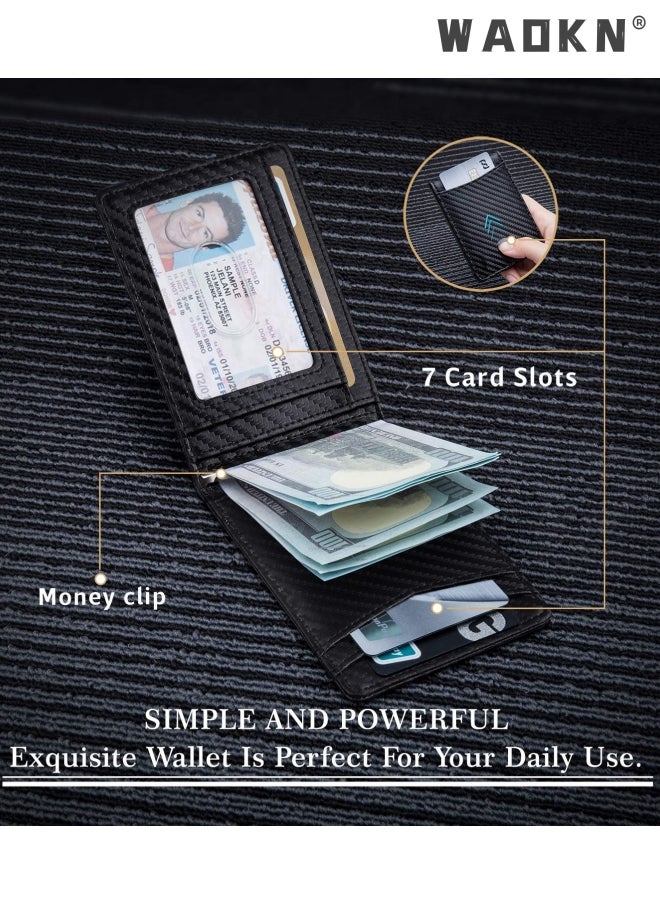 WAOKN - Wallet for Men Slim Larger Capacity with Wallet, Bifold RFID Blocking Front Pocket Wallets Minimalist Credit Card Holder with Money Clip for Men with ID Window Gift Box(Black) - Image 1