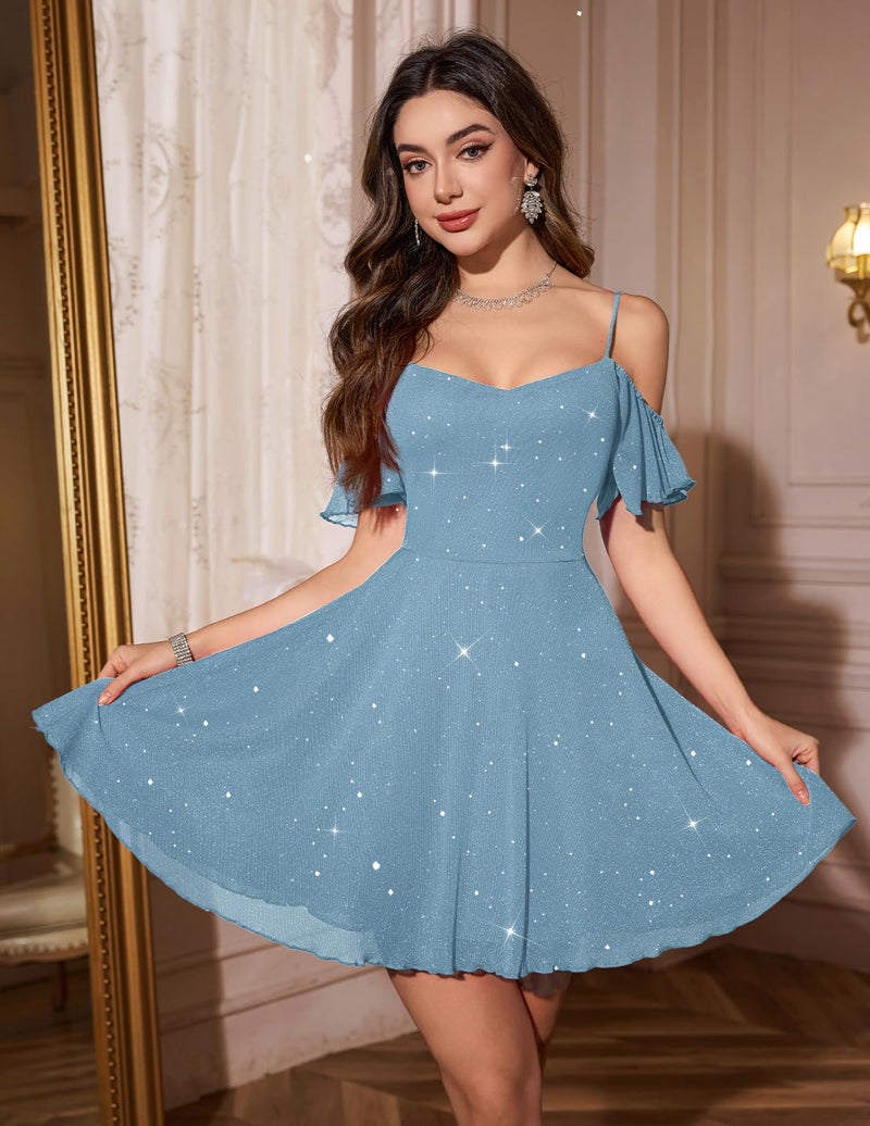 Meetjen Women's Homecoming Dress Teen Prom 2025 Sparkly Short Junior Bridesmaid Dresses Wedding Guest Summer Spaghetti Straps Grey Blue M - Image 3