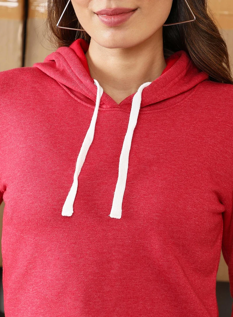 Campus Sutra Women's Rose Red Solid Cropped Hoodie