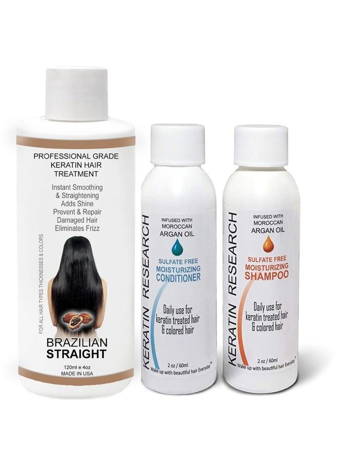 KERATIN RESEARCH The Real BRAZILIAN STRAIGHT Keratin Blowout Complex Hair Treatment Kit Pro Grade Organic Natural Results Straighten & Smooth Any Hair Type Color Or Condition Keratina Brasilera Tratamiento (120ml kit)  - Image 1