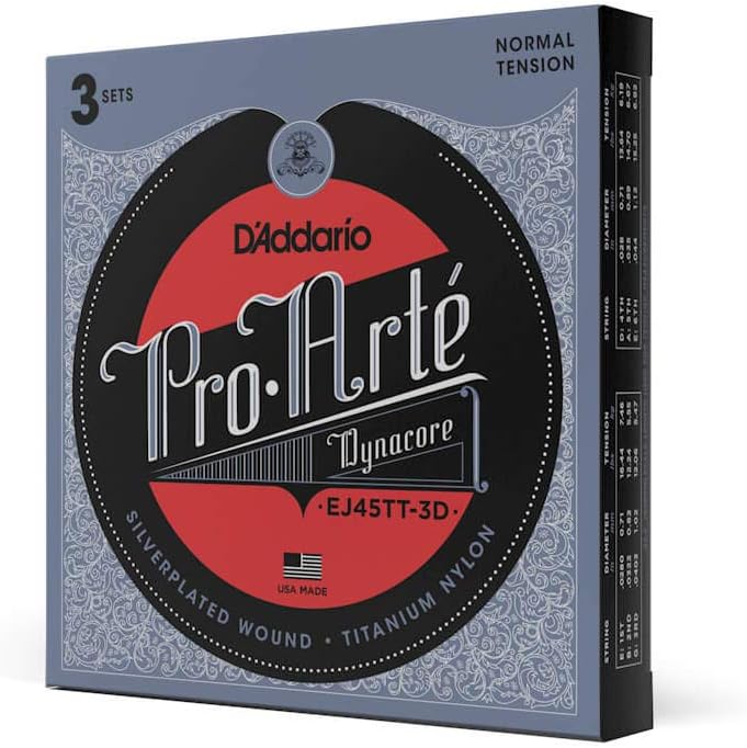 D'Addario Guitar Strings - Pro-Arte Classical Guitar Strings - EJ45TT-3D Dynacore - Silver Plated Wrap, Composite Dynacore, Titanium Nylon Trebles - Normal Tension, 3-Pack - Image 1