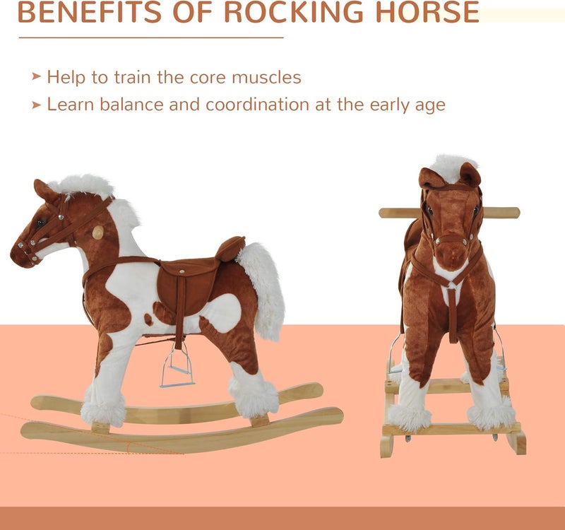 Qaba Wooden Toddler Rocking Horse, Kids Plush Ride on Horse Toy Animal Rocker with Nursery Rhyme Music Brown - Image 4