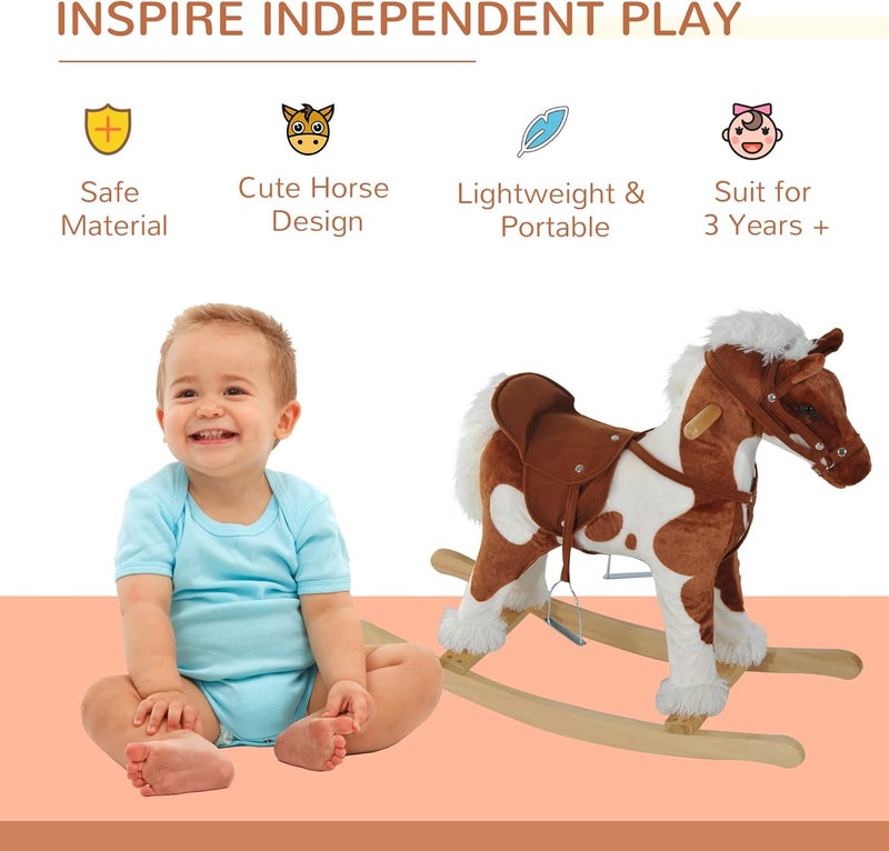 Qaba Wooden Toddler Rocking Horse, Kids Plush Ride on Horse Toy Animal Rocker with Nursery Rhyme Music Brown - Image 5