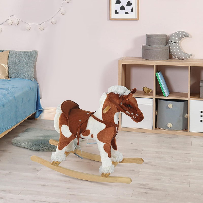 Qaba Wooden Toddler Rocking Horse, Kids Plush Ride on Horse Toy Animal Rocker with Nursery Rhyme Music Brown - Image 2