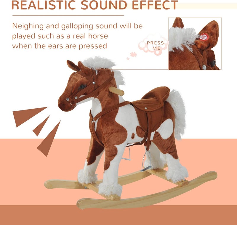 Qaba Wooden Toddler Rocking Horse, Kids Plush Ride on Horse Toy Animal Rocker with Nursery Rhyme Music Brown - Image 3