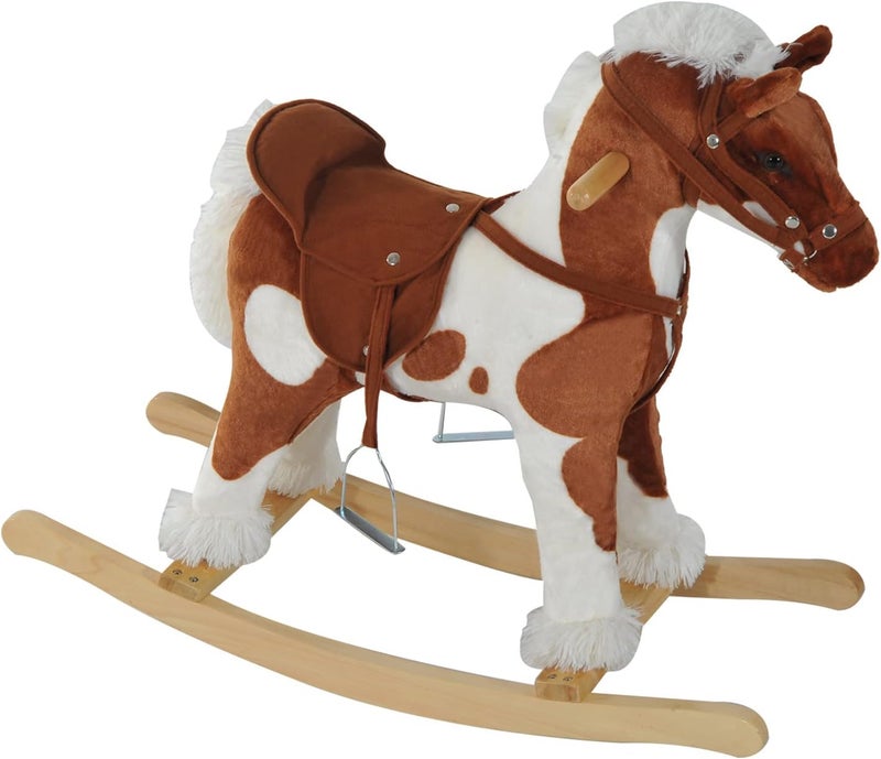 Qaba Wooden Toddler Rocking Horse, Kids Plush Ride on Horse Toy Animal Rocker with Nursery Rhyme Music Brown - Image 1