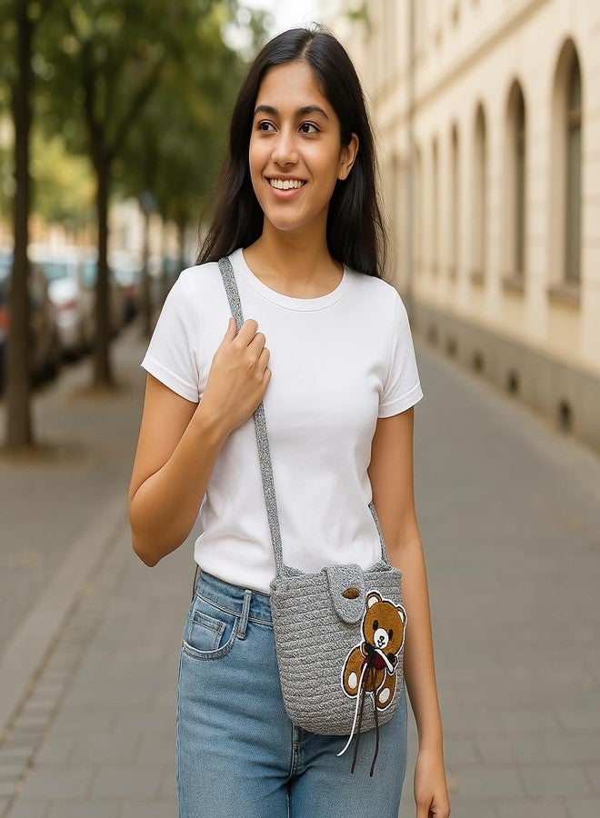 Ariya Women's Sling Bag with Teddy Bear Patch (4072 | Gray) Handcrafted PP & Cotton Blend Shoulder Purse, Perfect for Ladies & Girls, Lightweight Tote Bag for Daily, Casual, Travel & All Occasions - Image 4
