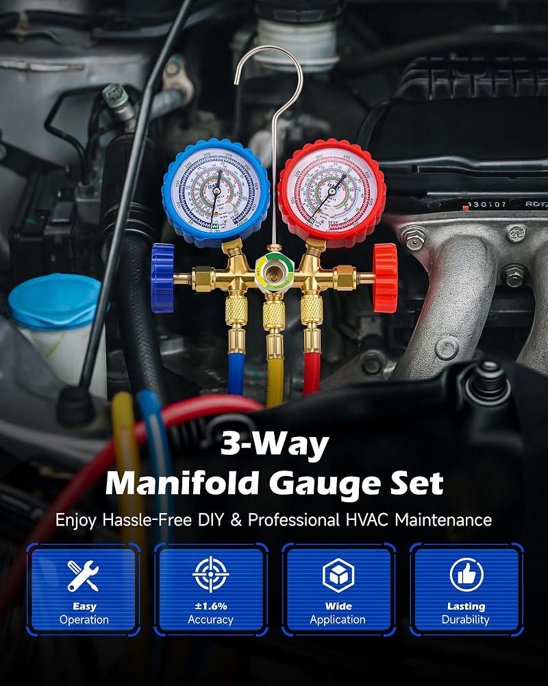 Orion Motor Tech أجهزة قياس تكييف من Orion Motor Tech، مجموعة أجهزة قياس تكييف للسيارات تعمل مع مواد التبريد R134a، R12، R22، R502، مجموعة أنابيب ثلاثية الطرق مع أنابيب بطول 5 أقدام وموصلات ومحولات، مجموعة لإعادة شحن غاز Freon لأنظمة التدفئة والتهوية وتكييف - Image 2