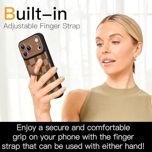 SOKAD for iPhone 17 Pro Max Case with Finger Strap Kickstand, Cute Checkered Checkerboard Phone Case with Finger Hand for Women Men, Slim Full Camera Protection Shockproof Cover, Brown - Image 2