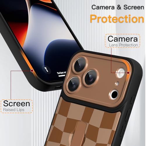 SOKAD for iPhone 17 Pro Max Case with Finger Strap Kickstand, Cute Checkered Checkerboard Phone Case with Finger Hand for Women Men, Slim Full Camera Protection Shockproof Cover, Brown - Image 3
