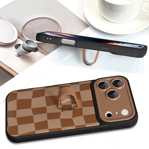 SOKAD for iPhone 17 Pro Max Case with Finger Strap Kickstand, Cute Checkered Checkerboard Phone Case with Finger Hand for Women Men, Slim Full Camera Protection Shockproof Cover, Brown - Image 5