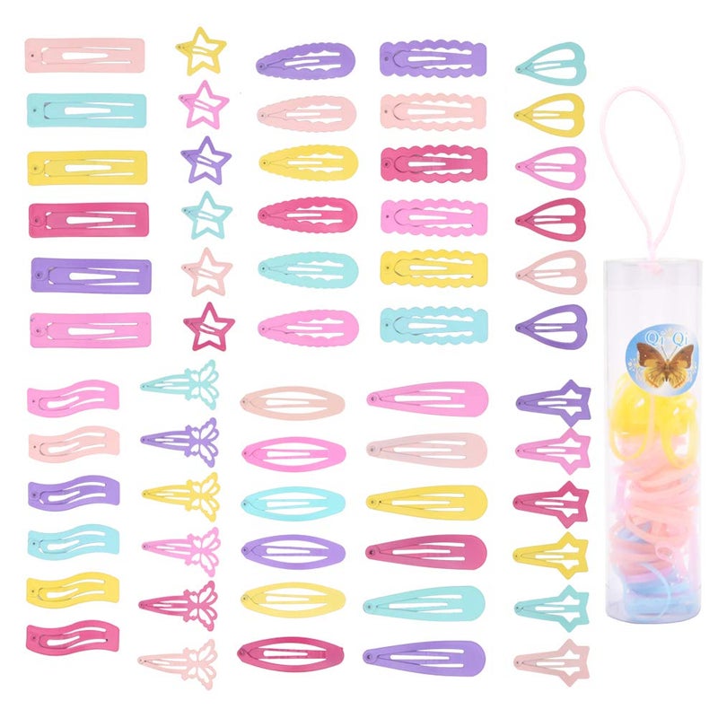60 Pcs NonSlip Snap Hair Clips with 60 Pcs Elastic Hair Bands Candy Color Metal Barrettes Star Butterfly Heart Hairpin for Kids Girls and Women Hair Accessories