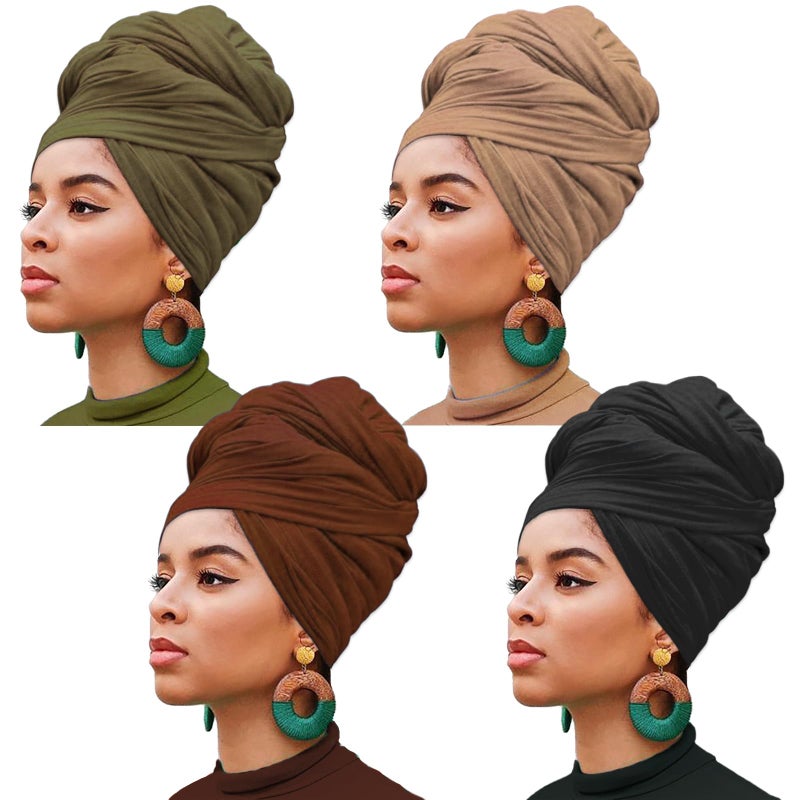 Xtrend 4 Pieces Stretch Head Wrap Jersey Turban Fashion Headband Solid Color Long Hair Scarf African headwraps Bohemian Soft Breathable Turbans for Women Black Coffee Army Green Camel