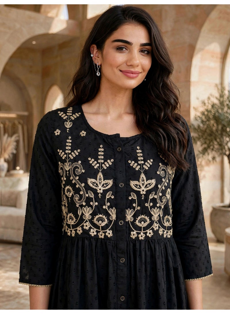 IKKXA Elegant Yoke Embroidered Midi Jalabiya IK14134Black - Image 2