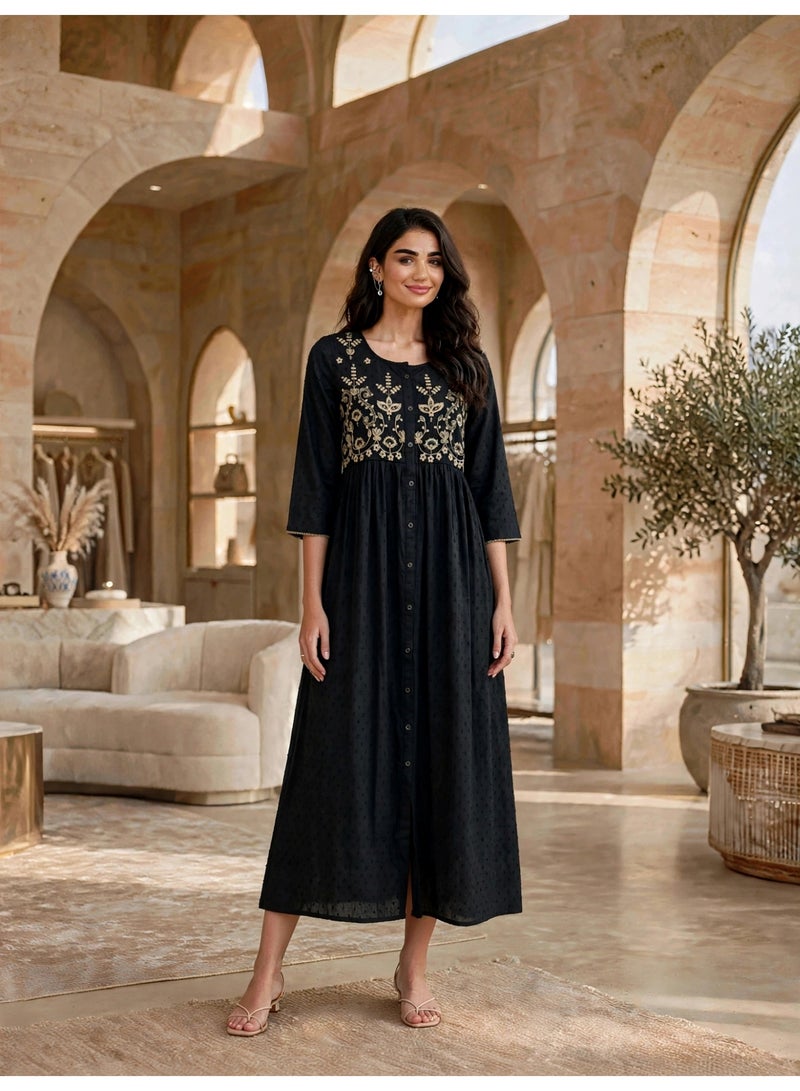 IKKXA Elegant Yoke Embroidered Midi Jalabiya IK14134Black - Image 1
