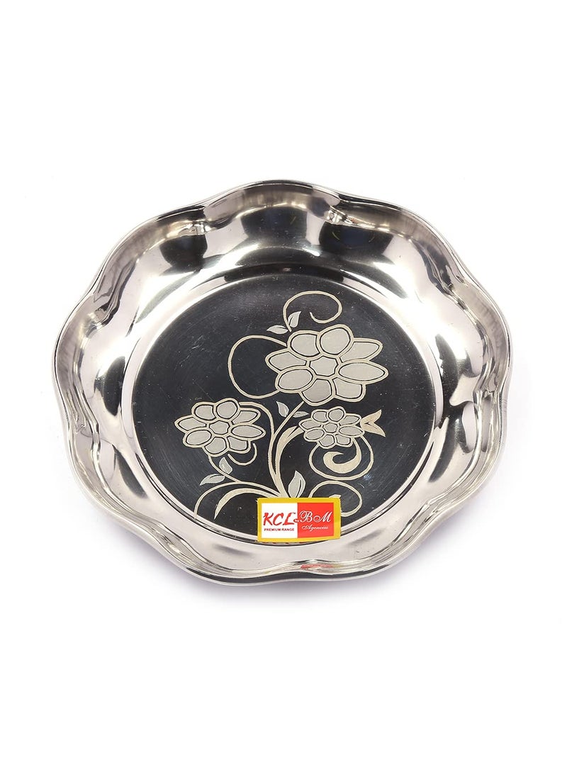 KCL KCL Stainless Steel Laser Design Mirror Finish Flower Shape Halwa PlateDessert Plate for SnacksDry FruitsSweetHalwa Set of 314cm  - Image 2