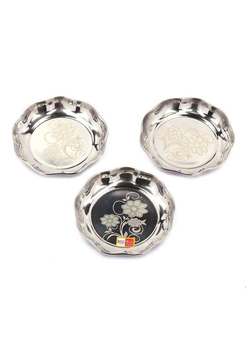 KCL KCL Stainless Steel Laser Design Mirror Finish Flower Shape Halwa PlateDessert Plate for SnacksDry FruitsSweetHalwa Set of 314cm  - Image 1