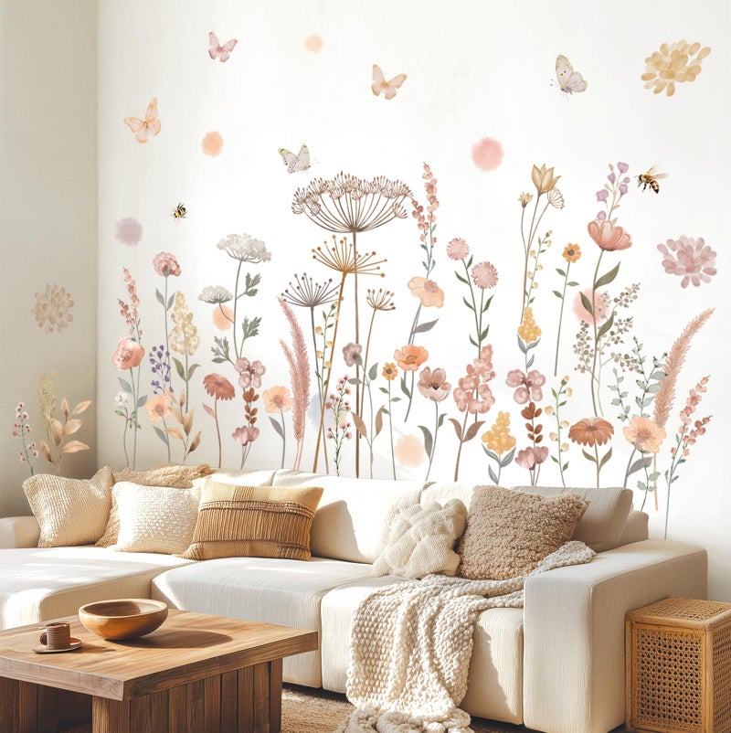 DECOWALL SG2-2421 Watercolor Boho Flowers Wall Decal Stickers DÃ©cor Home Wildflower Floral Dandelion Grass Plants Baby Nursery Girls Bedroom Kids Living Room Bee Peel and Stick Art Flower Vintage - Image 2