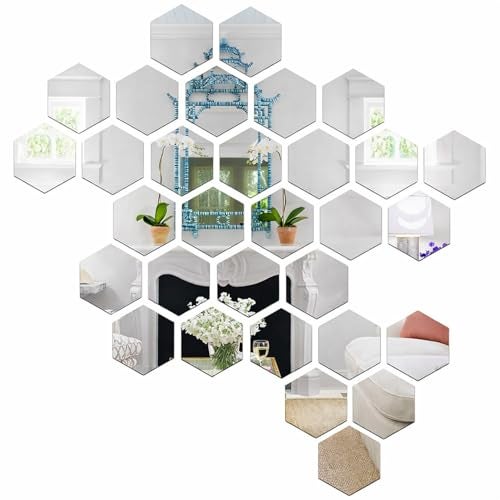 Wall1ders 31-Piece Hexagon with 10 Butterfly Silver Mirror Wall Stickers Self-Adhesive Acrylic Geometric Wall Decals for Modern Home Decor and Living Room DIY (Each Hexagon Size 12 x 10 cm) - Image 1
