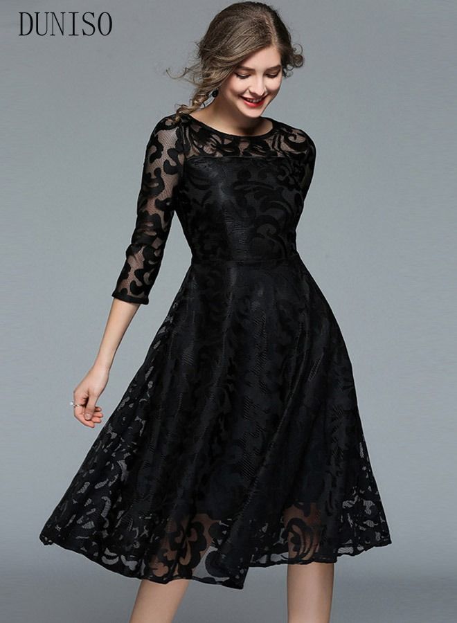 DUNISO Womens Evening Dress Lace Round Neck Dress for Wedding Party Three-quarter Sleeve A Line Knee Length Dresses Womens Banquet Party Dress Bridesmaid Dress - Image 5