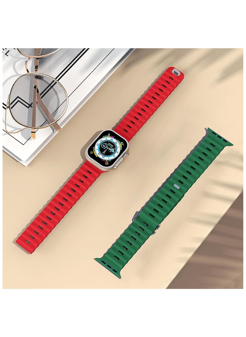 Color Fans - Apple Watch Ocean Band 41mm 40mm 38mm for Men Women, Soft Silicone Sport Band Replacement Strap for Apple Watch Ultra iWatch Series 8 7 SE 6 5 4 3 2 1 Red-Emerald Green - Image 1