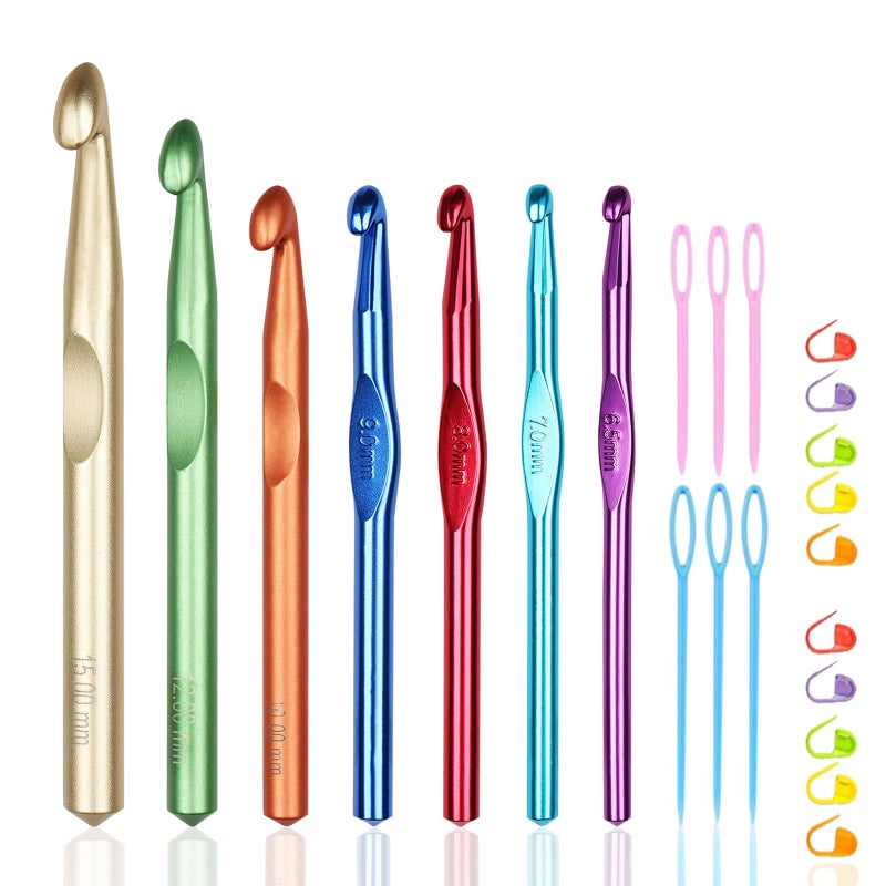 Set of 7 Large Aluminum Crochet Hook Set, 7 Sizes 15mm 12mm 10mm 9mm 8mm 7mm 6.5mm Giant Crochet Hooks, Jumbo Crochet Hooks Bulk for Thick Yarn Knitting - Image 1