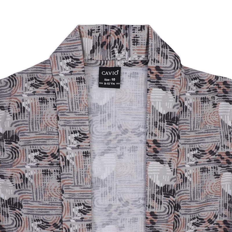 CAVIO Boys Full Sleeves Printed Shawl Collar Shrug and T-Shirt - Cream - Image 4