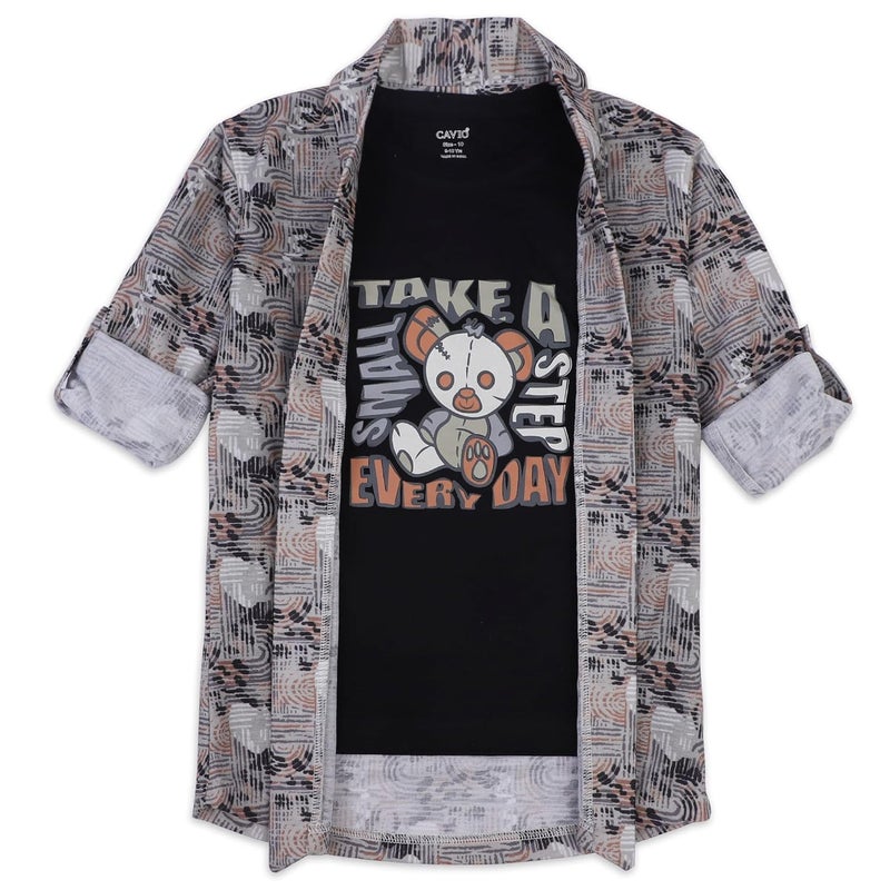 CAVIO Boys Full Sleeves Printed Shawl Collar Shrug and T-Shirt - Cream - Image 1