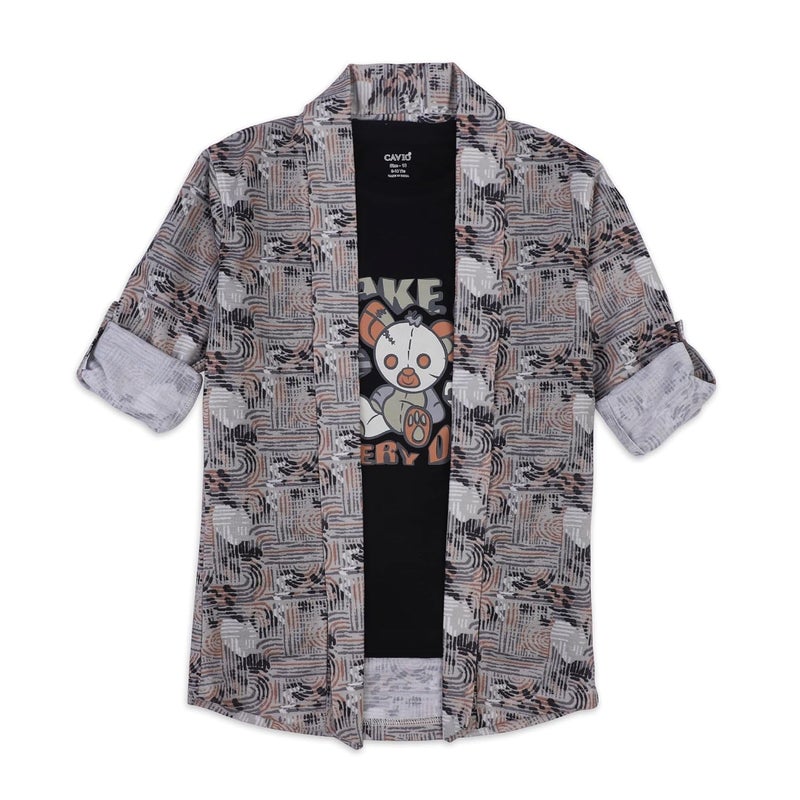 CAVIO Boys Full Sleeves Printed Shawl Collar Shrug and T-Shirt - Cream - Image 3