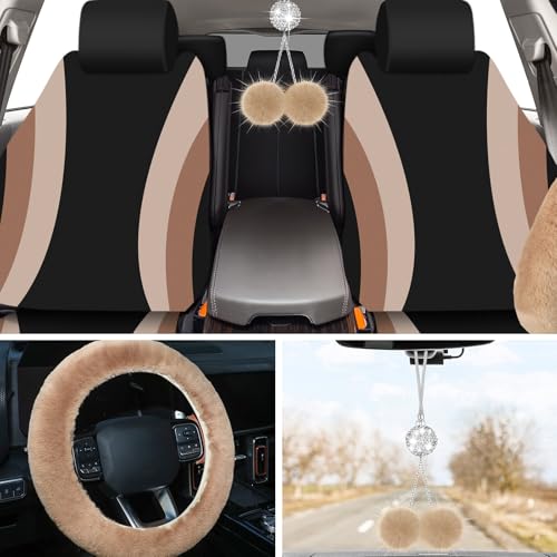 ROCEEI 47 Pcs Car Seat Cover Full Set Car Accessories for Front Rear Seat Fluffy Steering Wheel Cover Belt Automotive Floor Mats Air Conditioner Decoration Strip(Beige) - Image 5