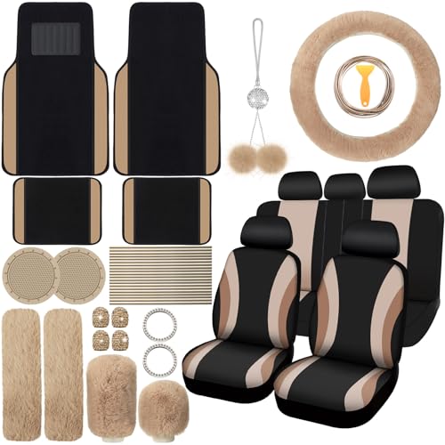 ROCEEI 47 Pcs Car Seat Cover Full Set Car Accessories for Front Rear Seat Fluffy Steering Wheel Cover Belt Automotive Floor Mats Air Conditioner Decoration Strip(Beige) - Image 1
