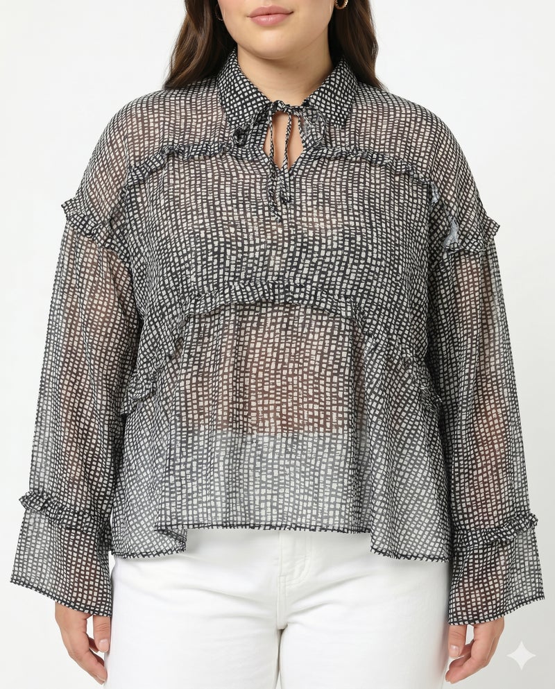 Ginger Plus Monochrome Printed Button Down Top - Image 2