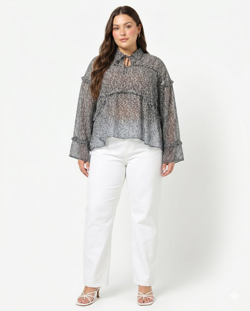 Ginger Plus Monochrome Printed Button Down Top - Image 1