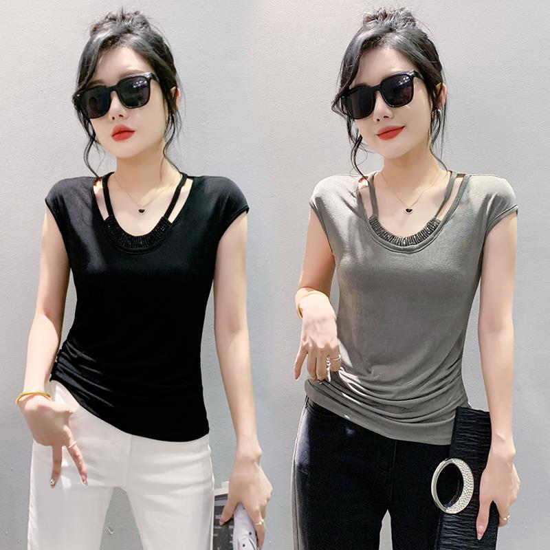 European Spring Round Neck Fashion Slim Fit Pleated Stitching Handmade Beaded Sleeveless T-Shirt Women'S Trendy Hair - Image 2