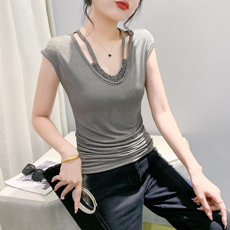 European Spring Round Neck Fashion Slim Fit Pleated Stitching Handmade Beaded Sleeveless T-Shirt Women'S Trendy Hair - Image 1