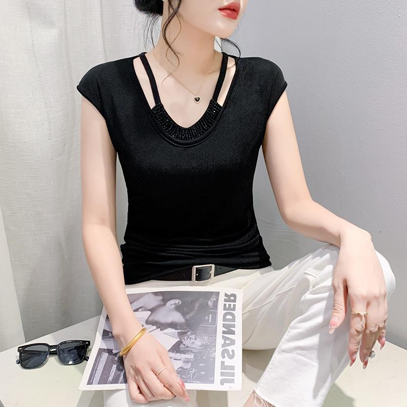 European Spring Round Neck Fashion Slim Fit Pleated Stitching Handmade Beaded Sleeveless T-Shirt Women'S Trendy Hair - Image 4
