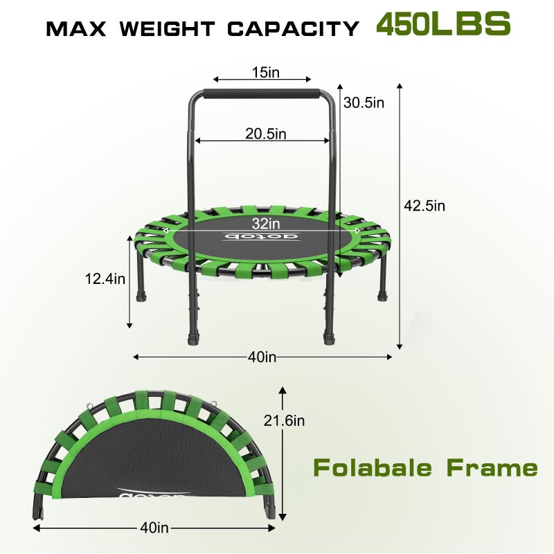 AOTOB 40" Fitness Trampoline for Adult, Max Load 450 LBS, Foldable Mini Rebounder with Durable Bungees, Small Exercise Trampoline for Workout for Quiet & Safely Cushioned Bounce(Green) - Image 2