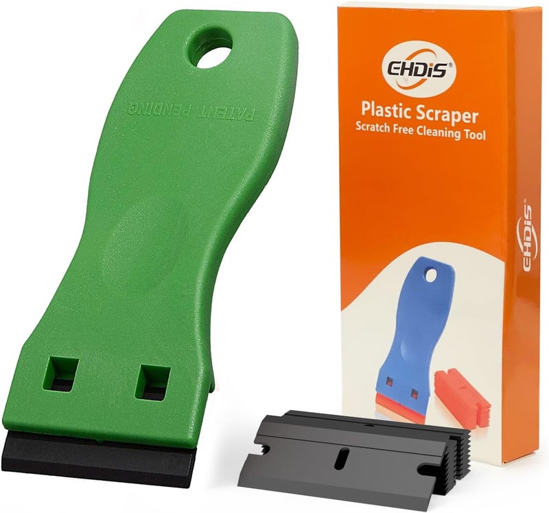 Ehdis 1.5" Plastic Razor Scraper with 10pcs Double Edged Plastic Blades for Removing Labels Stickers Decals on Glass Windows (Green) - Image 1