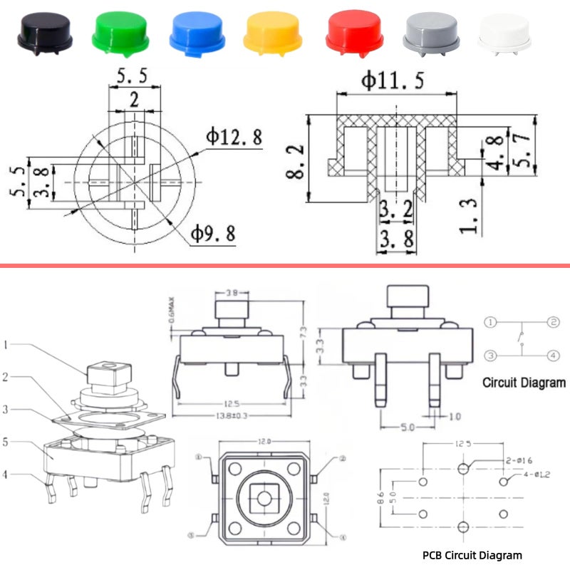 EGSCST 120PCS 12x12x7.3 mm Tact Tactile Push Button Switch Kit, 4 Pin Yellow Momentary SMD PCB Switches Set with 7 Color Arduino Buttons Caps for DIY Electronics Projects, PCB Prototyping - Image 5