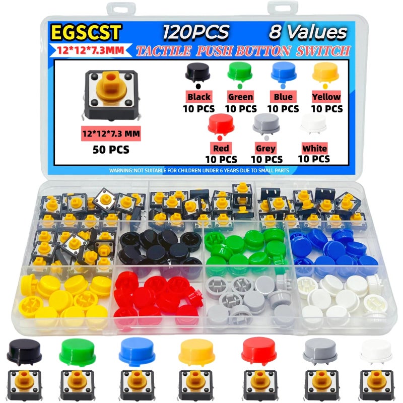EGSCST 120PCS 12x12x7.3 mm Tact Tactile Push Button Switch Kit, 4 Pin Yellow Momentary SMD PCB Switches Set with 7 Color Arduino Buttons Caps for DIY Electronics Projects, PCB Prototyping - Image 1