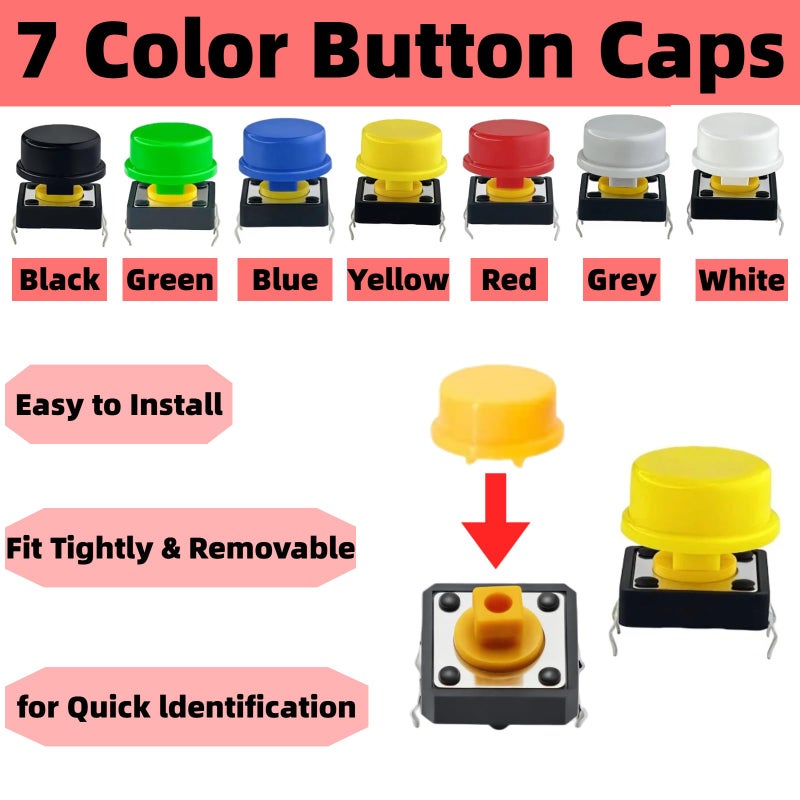 EGSCST 120PCS 12x12x7.3 mm Tact Tactile Push Button Switch Kit, 4 Pin Yellow Momentary SMD PCB Switches Set with 7 Color Arduino Buttons Caps for DIY Electronics Projects, PCB Prototyping - Image 3