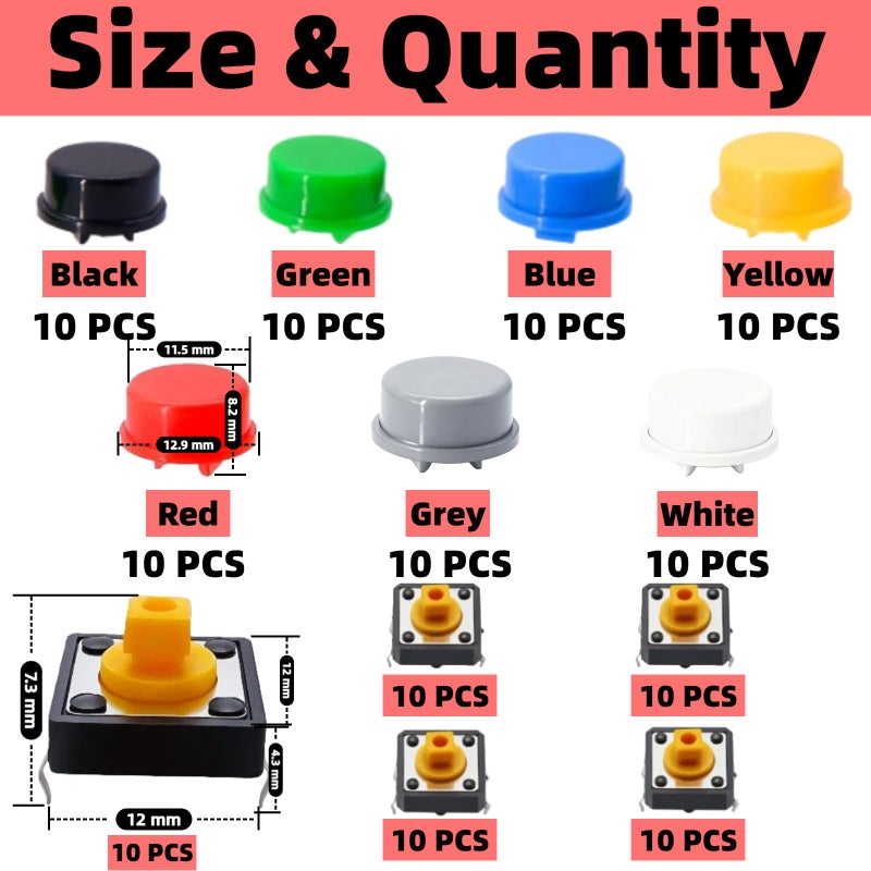 EGSCST 120PCS 12x12x7.3 mm Tact Tactile Push Button Switch Kit, 4 Pin Yellow Momentary SMD PCB Switches Set with 7 Color Arduino Buttons Caps for DIY Electronics Projects, PCB Prototyping - Image 2
