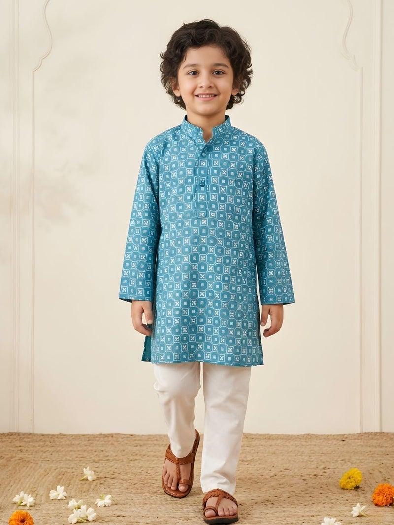 AJ DEZINES Boys Cotton Full Sleeve Printed Blue Kurta Pajama Set for Kids - Ethnic wear | Special Occasion & Traditional Outfit |Boys Kurta Pyjama Set - Regular Fit (1287-BLUE-2) - Image 2