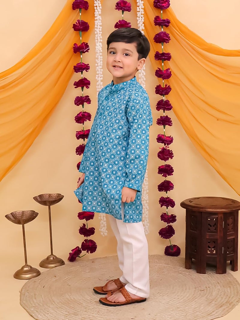 AJ DEZINES Boys Cotton Full Sleeve Printed Blue Kurta Pajama Set for Kids - Ethnic wear | Special Occasion & Traditional Outfit |Boys Kurta Pyjama Set - Regular Fit (1287-BLUE-2) - Image 5