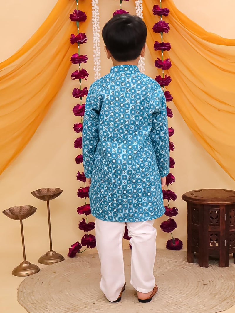 AJ DEZINES Boys Cotton Full Sleeve Printed Blue Kurta Pajama Set for Kids - Ethnic wear | Special Occasion & Traditional Outfit |Boys Kurta Pyjama Set - Regular Fit (1287-BLUE-2) - Image 3