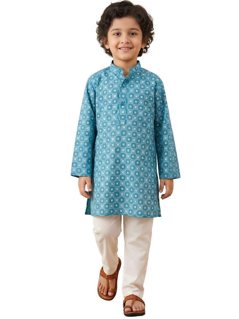 AJ DEZINES Boys Cotton Full Sleeve Printed Blue Kurta Pajama Set for Kids - Ethnic wear | Special Occasion & Traditional Outfit |Boys Kurta Pyjama Set - Regular Fit (1287-BLUE-2) - Image 1