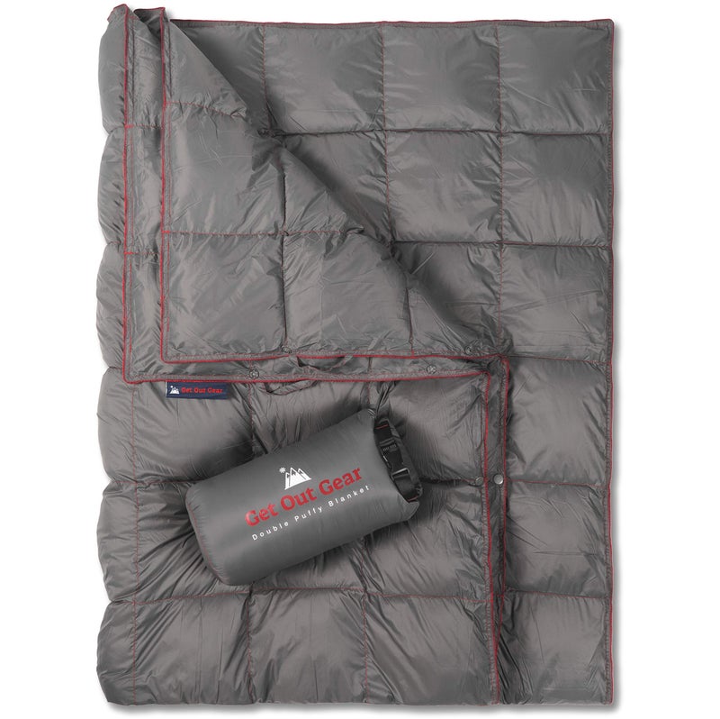 Get Out Gear Double Puffy Camping Blanket - Extra Puffy, Packable, Lightweight and Warm | Ideal for Outdoors, Travel, Stadium, Festivals, Beach, Hammock | Water-Resistant Camp Quilt (Gray/Burgundy) - Image 1
